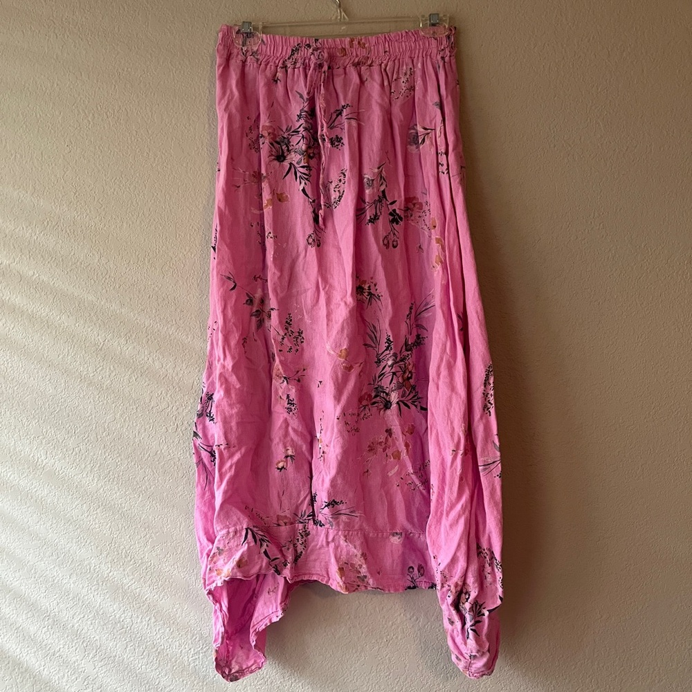 Italian Linen Asymmetrical Hem Maxi Skirt Floral Pink Women's Skirt - Picture 5 of 12
